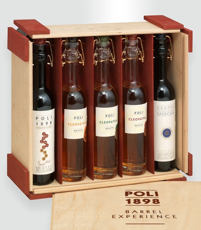 Poli Baby Barrel Pack - 5 Grappe elevate in Barili - Torchio d'oro, Moscato, Prosecco, Amarone e Sassicaia